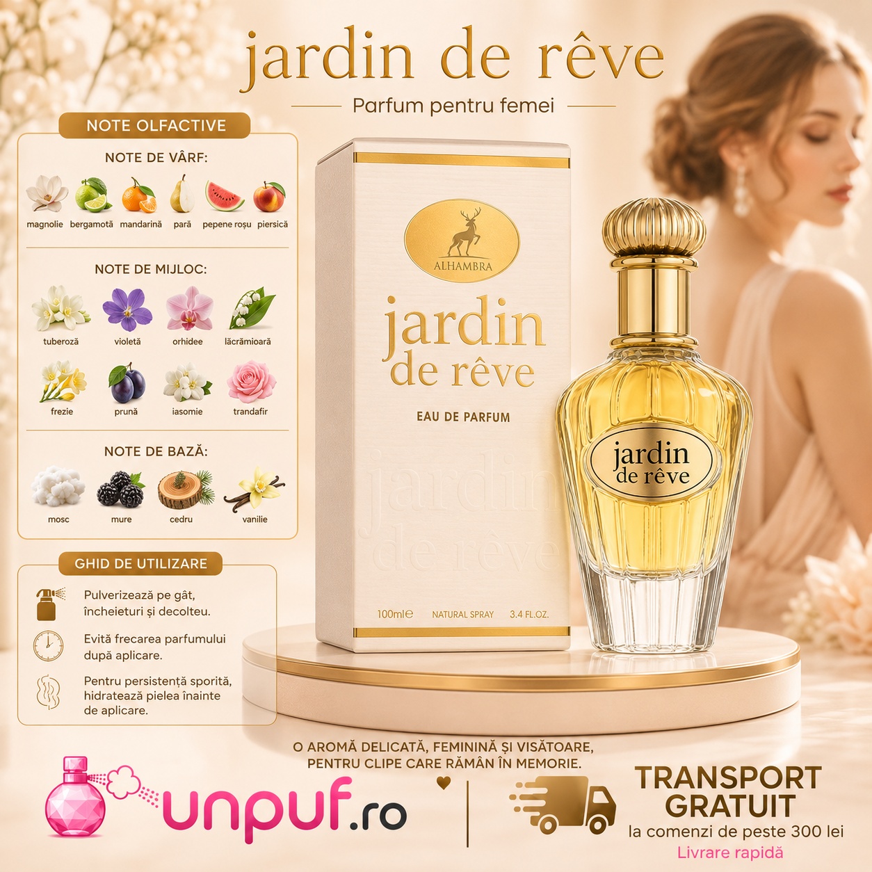 Note olfactive Jardin de R&ecirc;ve magnolie bergamotă mandarină pară pepene roșu piersică tuberoză violetă orhidee lăcrămioară frezie prună iasomie trandafir mosc mure cedru vanilie