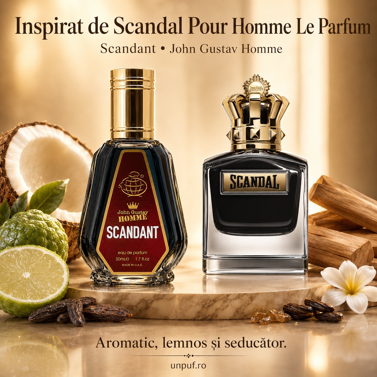 John Gustav Homme Scandant Le Parfum inspirat din Scandal Pour Homme Le Parfum aromă aromatică lemnoasă și seducătoare