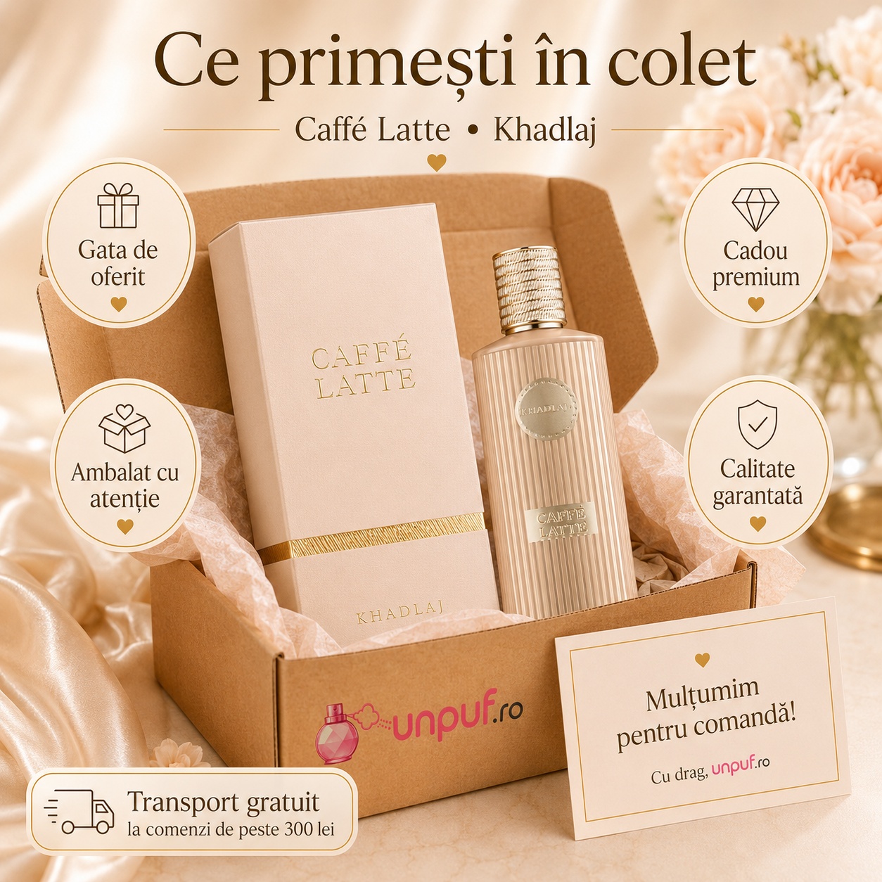 Ce primești în colet Khadlaj Caffe Latte 100 ml, parfum original, ambalare atentă și transport gratuit peste 300 lei