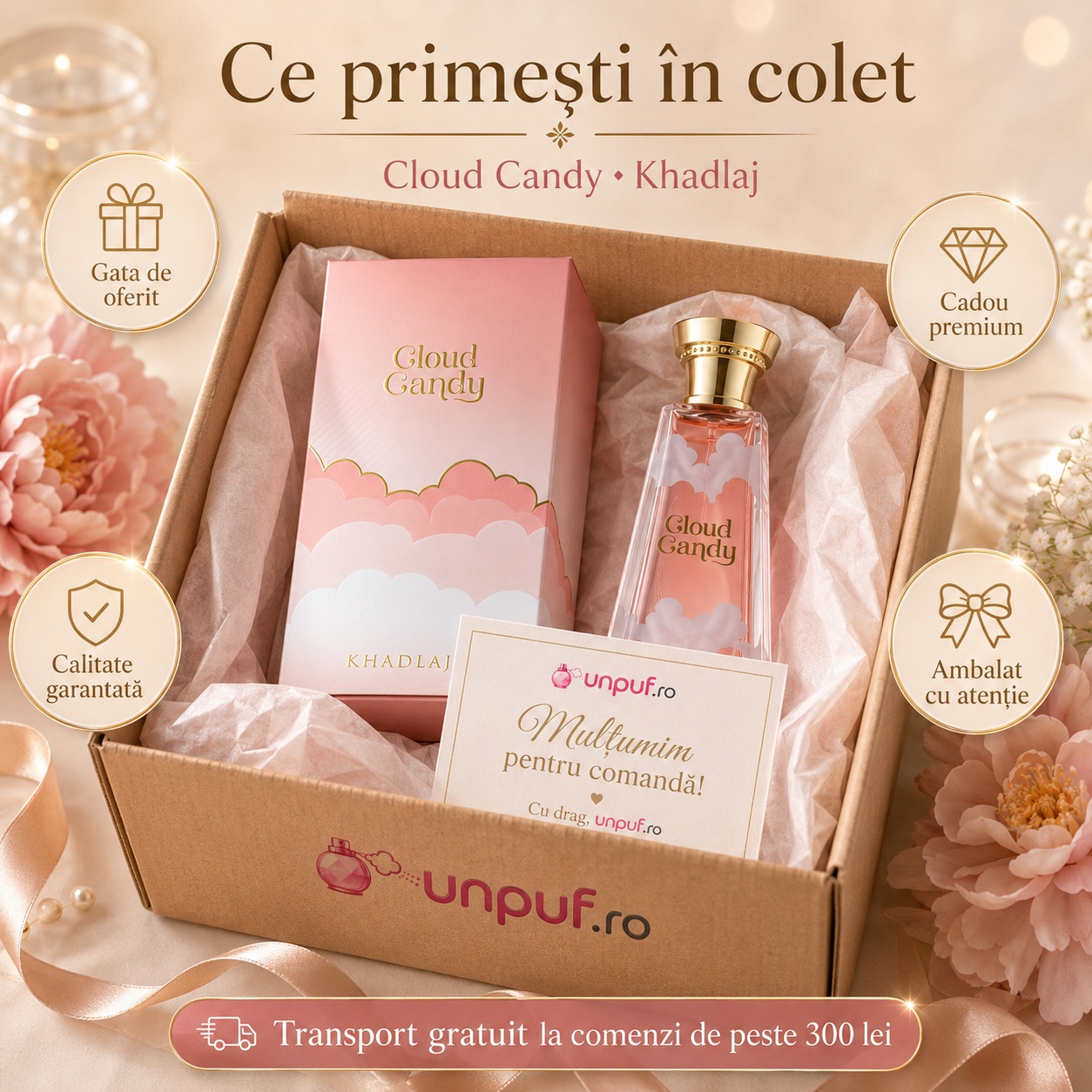 Ce primești în colet Khadlaj Cloud Candy 100 ml, parfum original, ambalare atentă și transport gratuit peste 300 lei