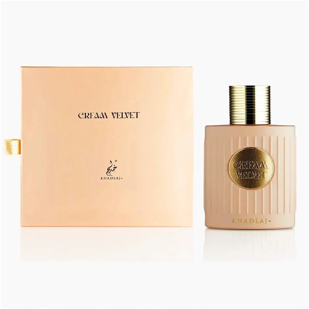 Flacon și cutie Khadlaj Cream Velvet 100 ml pe fundal alb, parfum arabesc pentru femei