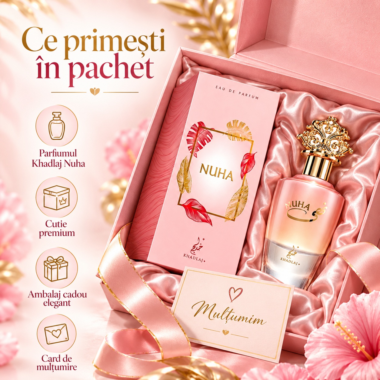 Ce primești în pachet Khadlaj Nuha parfum 85 ml cu flacon cutie premium și ambalaj cadou