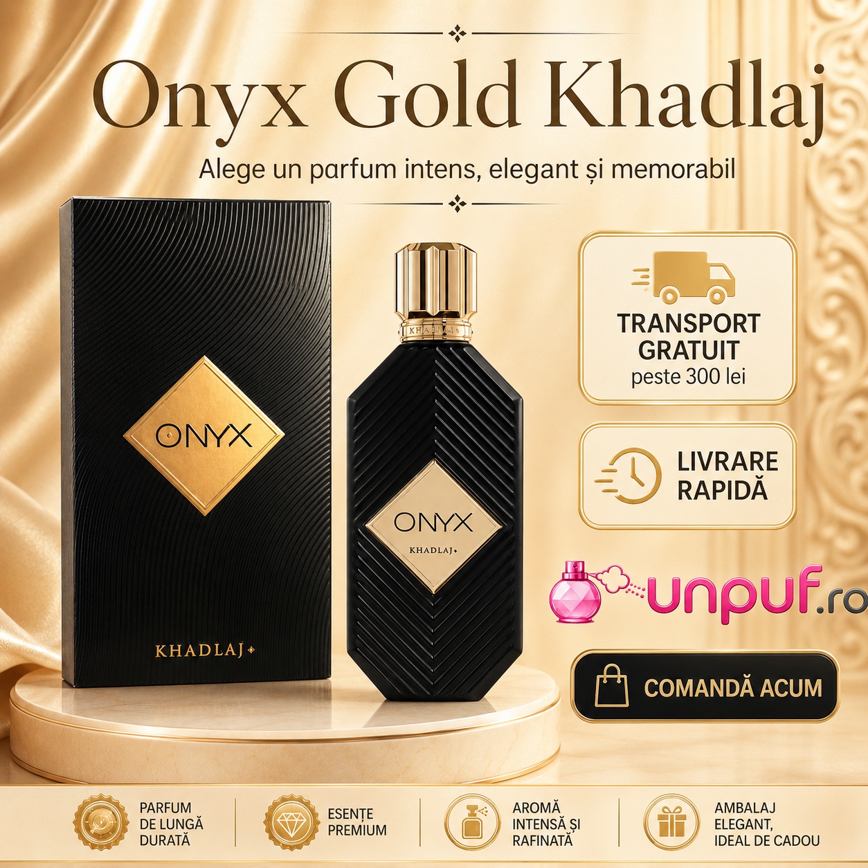 Khadlaj Onyx Gold parfum premium disponibil pe unpuf.ro cu livrare rapidă și transport gratuit peste 300 lei