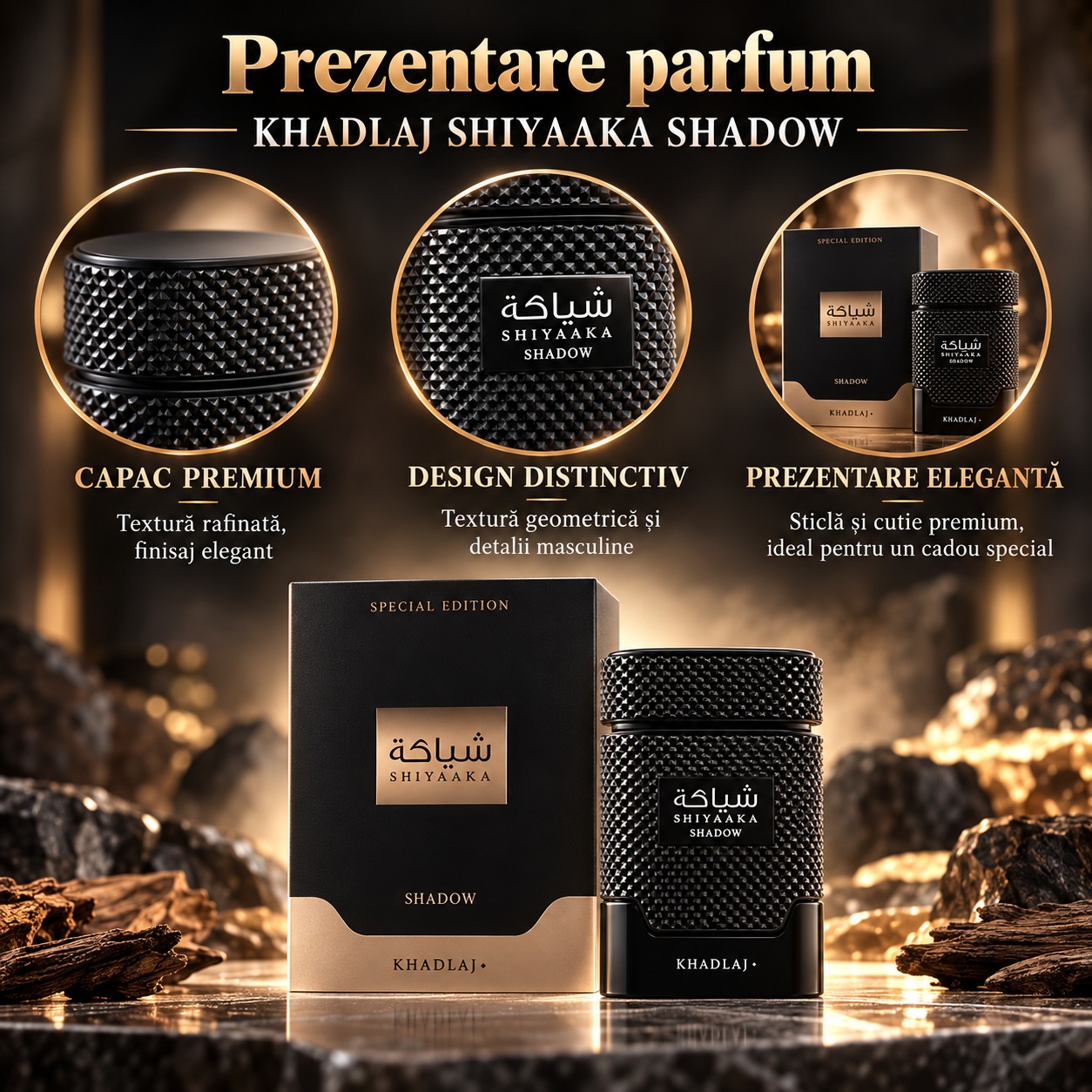 Prezentare parfum Khadlaj Shiyaaka Shadow cu capac premium design distinctiv și cutie elegantă