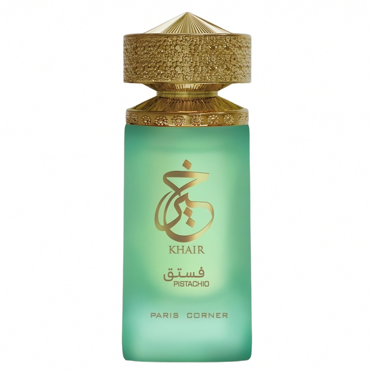 Flacon Khair Pistachio Paris Corner 100 ml verde fistic cu capac auriu ornamentat și design premium