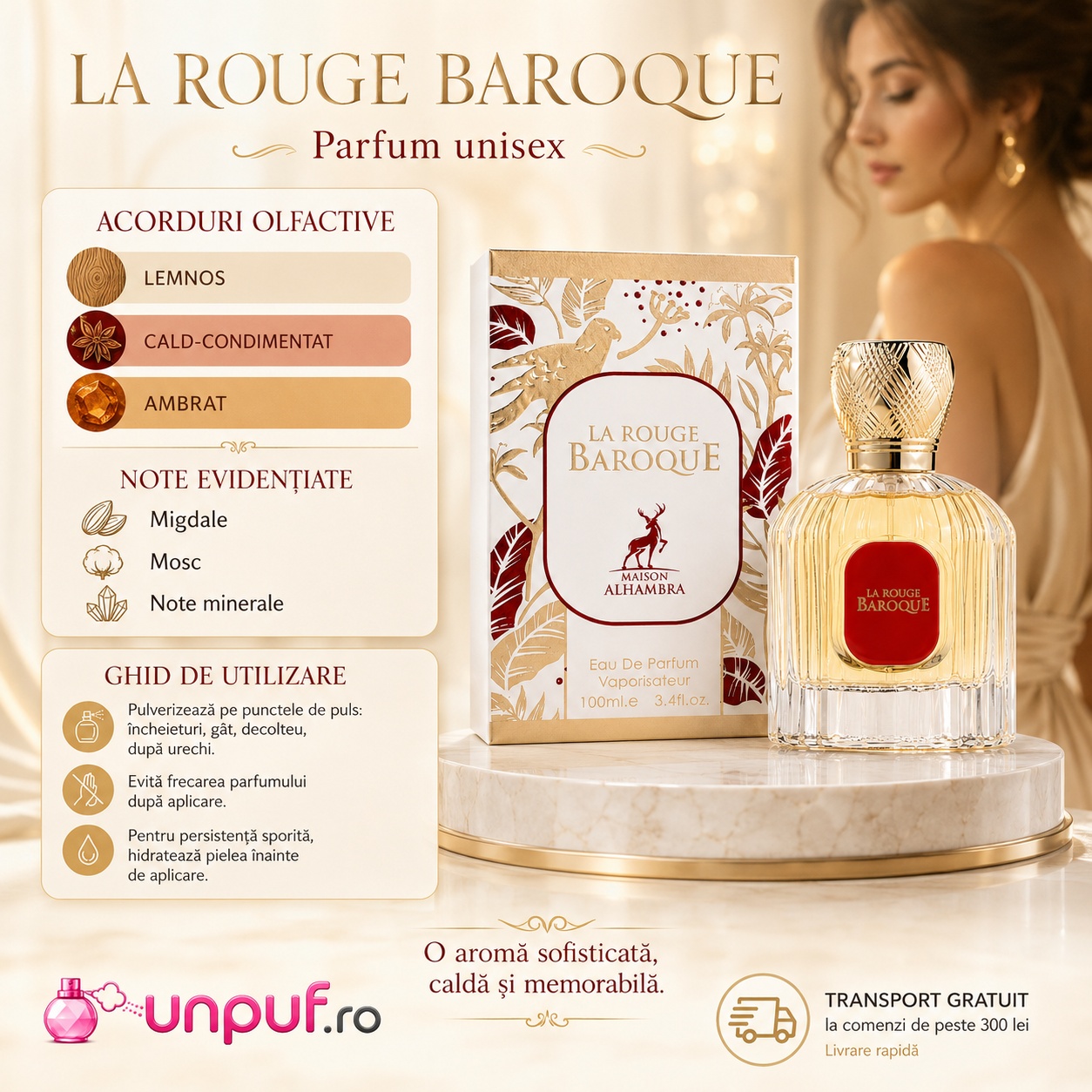 Ghid de utilizare La Baroque Rouge Maison Alhambra parfum unisex cu acorduri lemnoase cald condimentate și ambrate