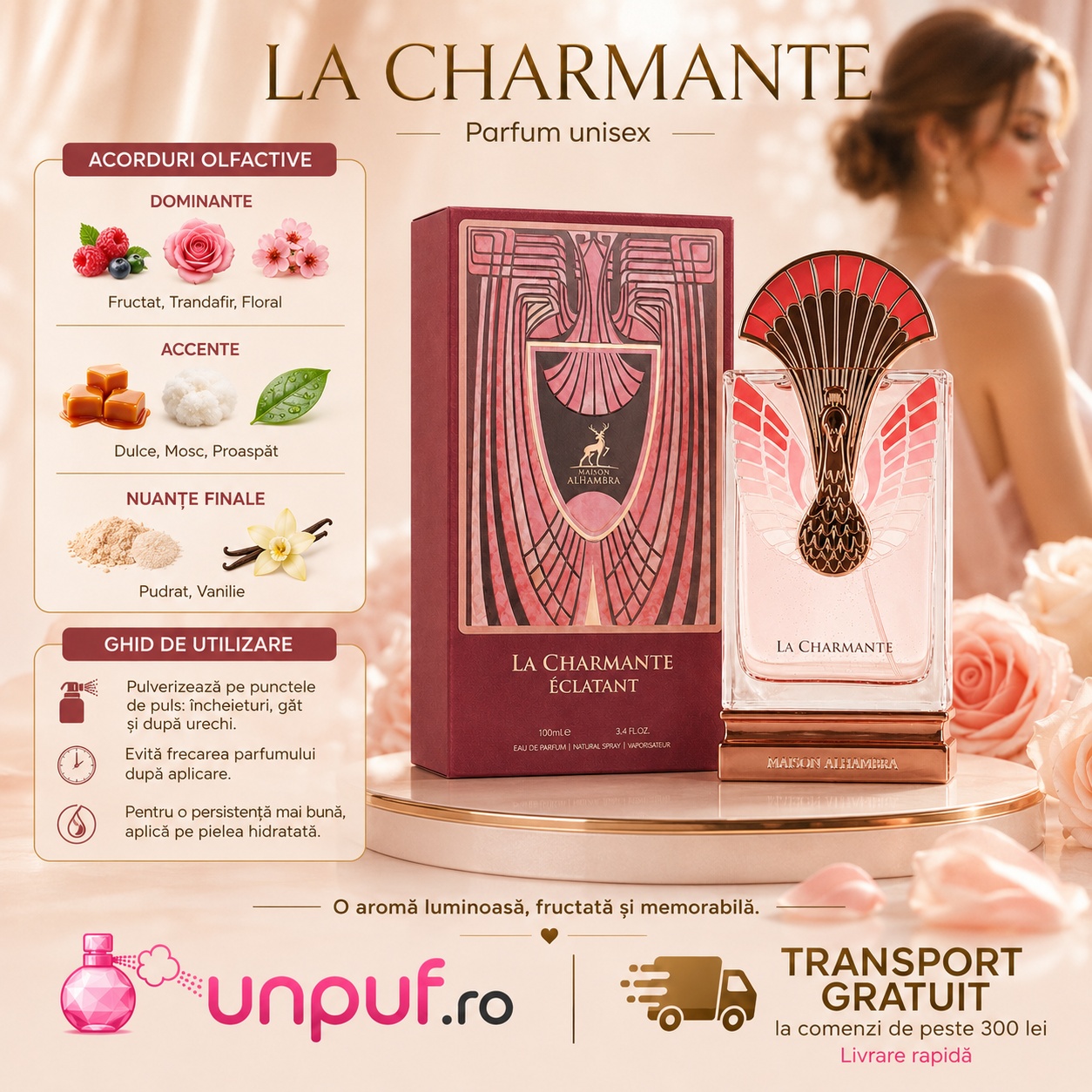 Ghid de utilizare La Charmante &Eacute;clatant Maison Alhambra parfum unisex cu acorduri fructate trandafir floral dulce mosc vanilie pudrat