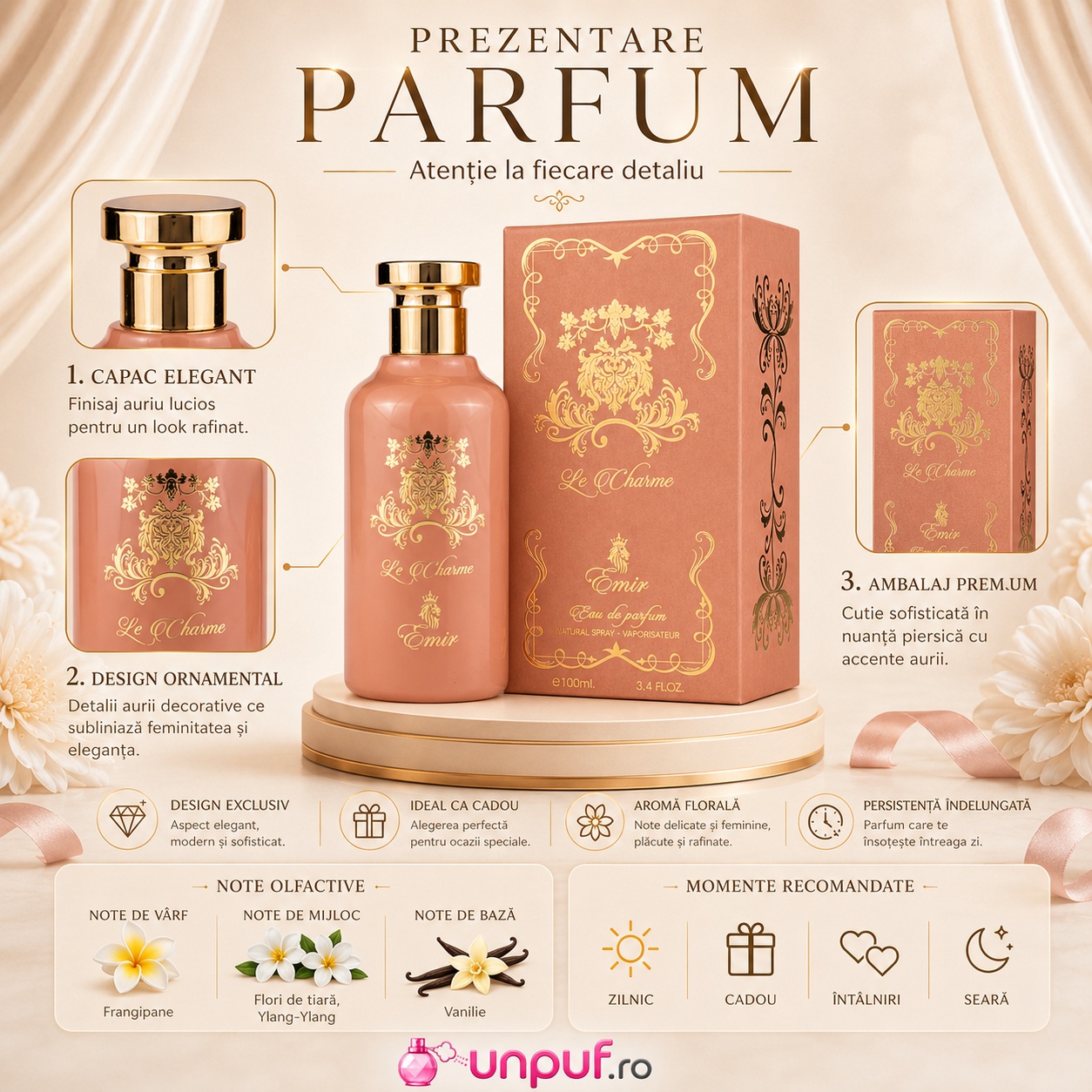 Prezentare Parfum La Charme Emir cu design premium sticlă și cutie