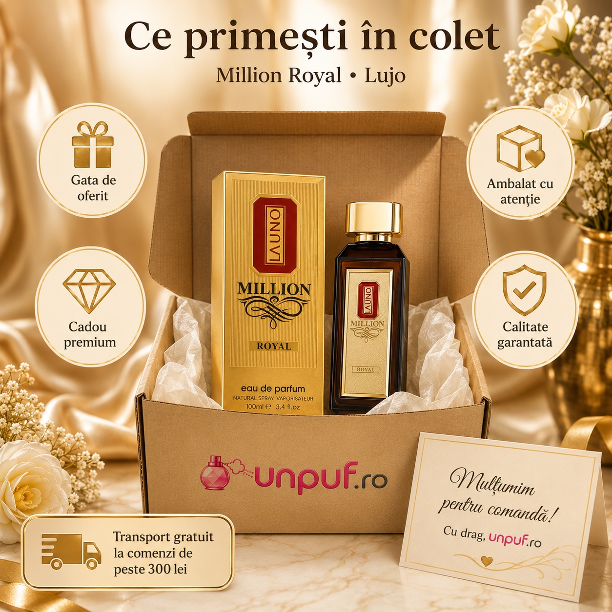 Ce primești &icirc;n colet Parfum La Uno Million Royal Fragrance World 100 ml ambalat cu atenție