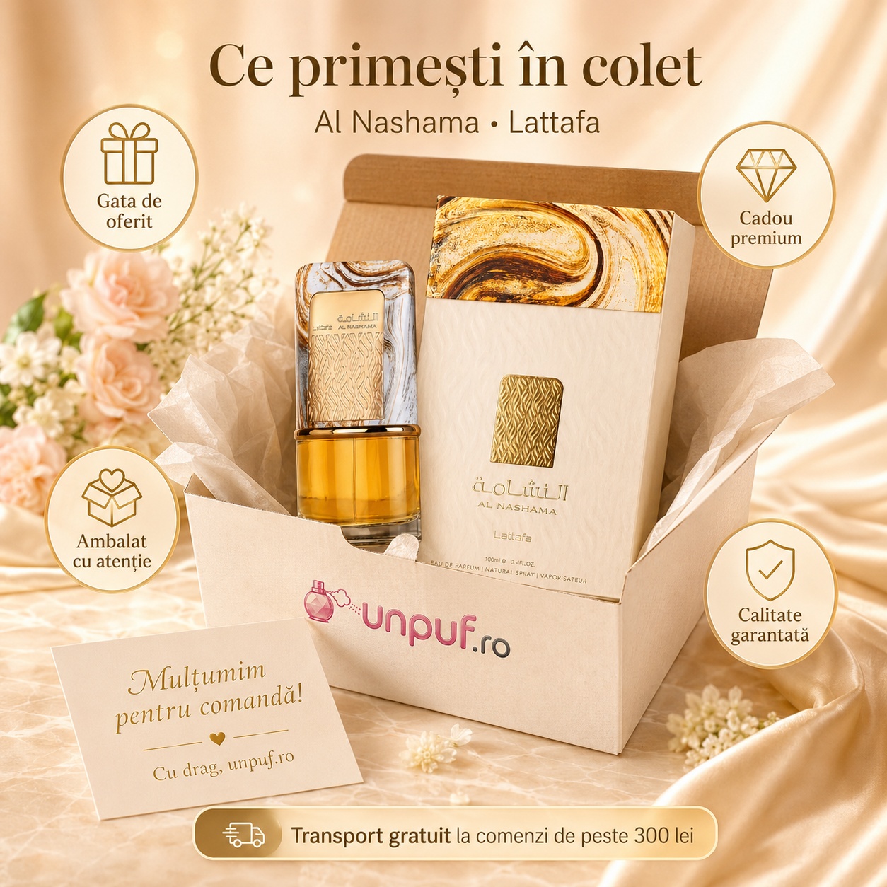Ce primești &icirc;n colet Lattafa Al Nashama 100 ml parfum unisex ambalat cu atenție cadou premium