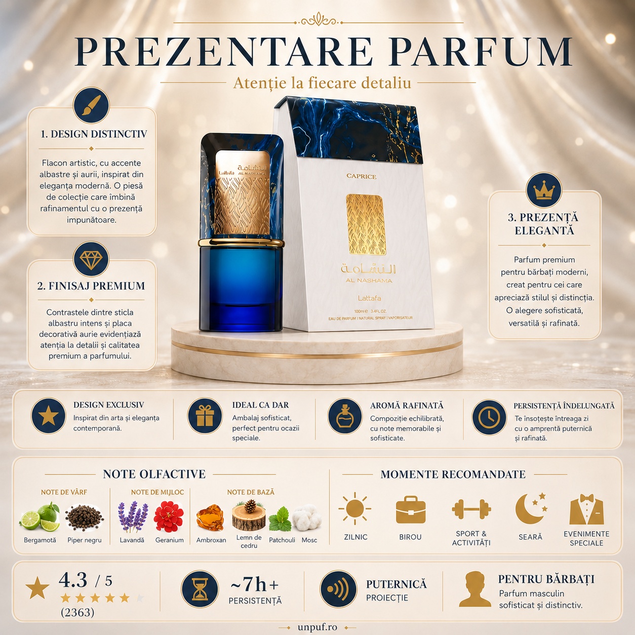 Prezentare parfum Lattafa Al Nashama Caprice 100 ml pentru bărbați cu design distinctiv finisaj premium și persistență &icirc;ndelungată