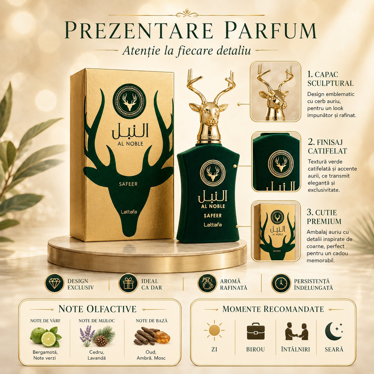 Prezentare parfum Lattafa Al Noble Safeer cu detalii flacon, note olfactive și momente recomandate