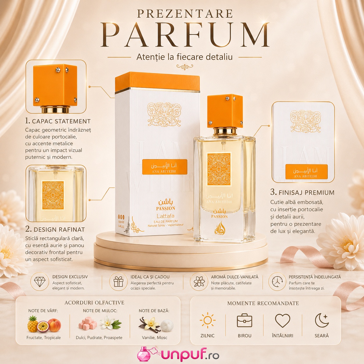 Prezentare parfum Lattafa Ana Abiyedh Passion cu detalii despre capac, design, note olfactive și momente recomandate