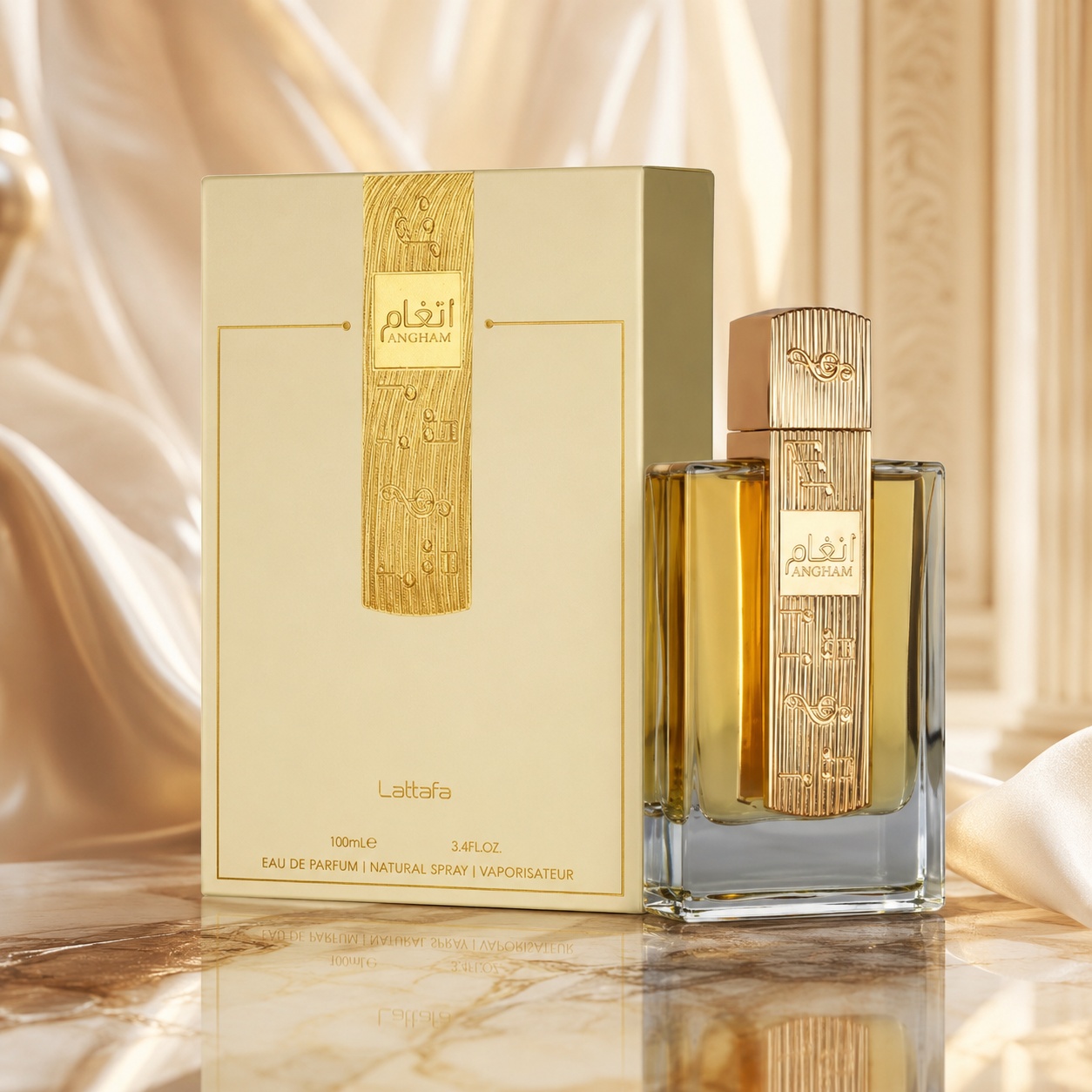 Parfum Arăbesc Lattafa Angham 100 ml damă cu flacon elegant auriu și cutie premium