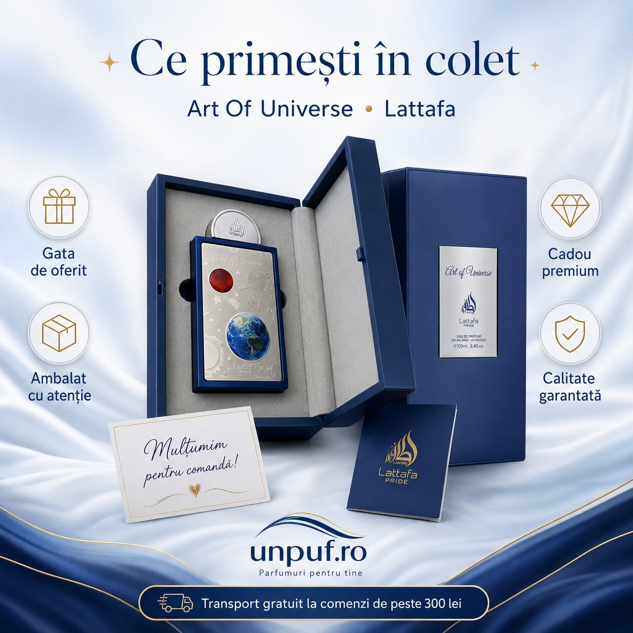 Ce primești &icirc;n colet Parfum Lattafa Art Of Universe 100 ml ambalat premium și gata de cadou