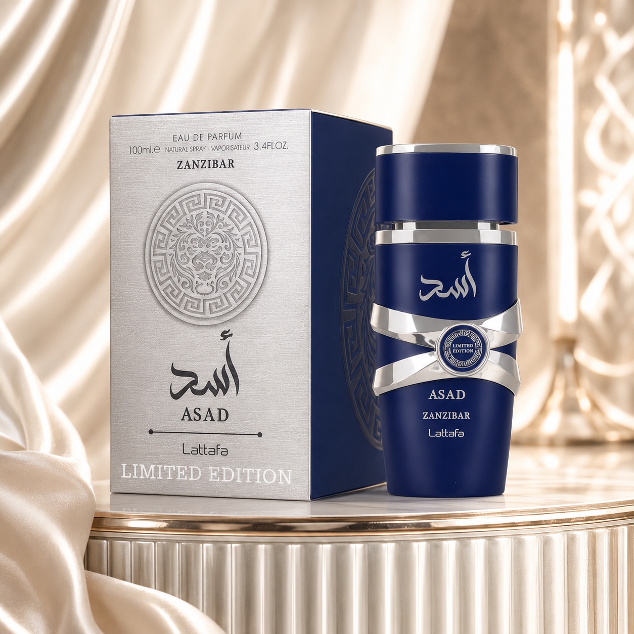 Parfum Arăbesc Lattafa Asad Zanzibar Limited Edition 100 ml pentru bărbat cu flacon albastru elegant și cutie premium