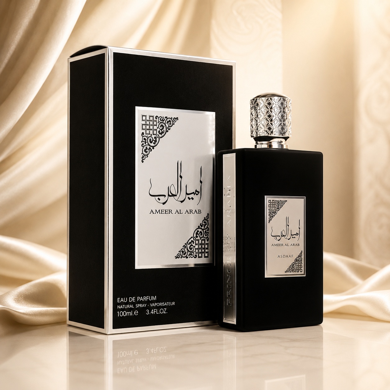 Parfum Arăbesc Lattafa Asdaaf Ameer Al Arab 100 ml bărbat cu flacon negru, capac argintiu și cutie premium