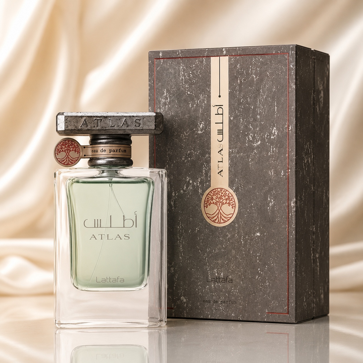 Parfum Arăbesc Lattafa Atlas 55 ml pentru bărbat cu flacon transparent elegant și cutie premium gri