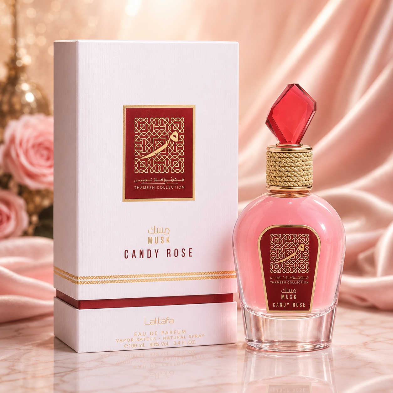 Parfum Arăbesc Lattafa Candy Rose 100 ml pentru damă cu flacon roz elegant și cutie premium Lattafa