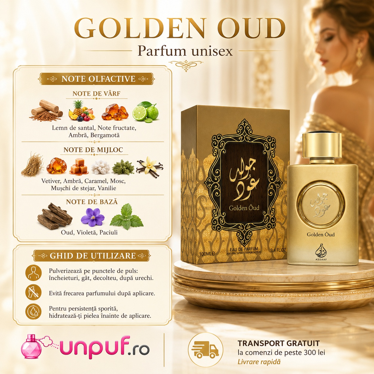 Ghid de utilizare Lattafa Golden Oud parfum unisex cu note de oud vanilie caramel ambră paciuli vetiver și lemn de santal