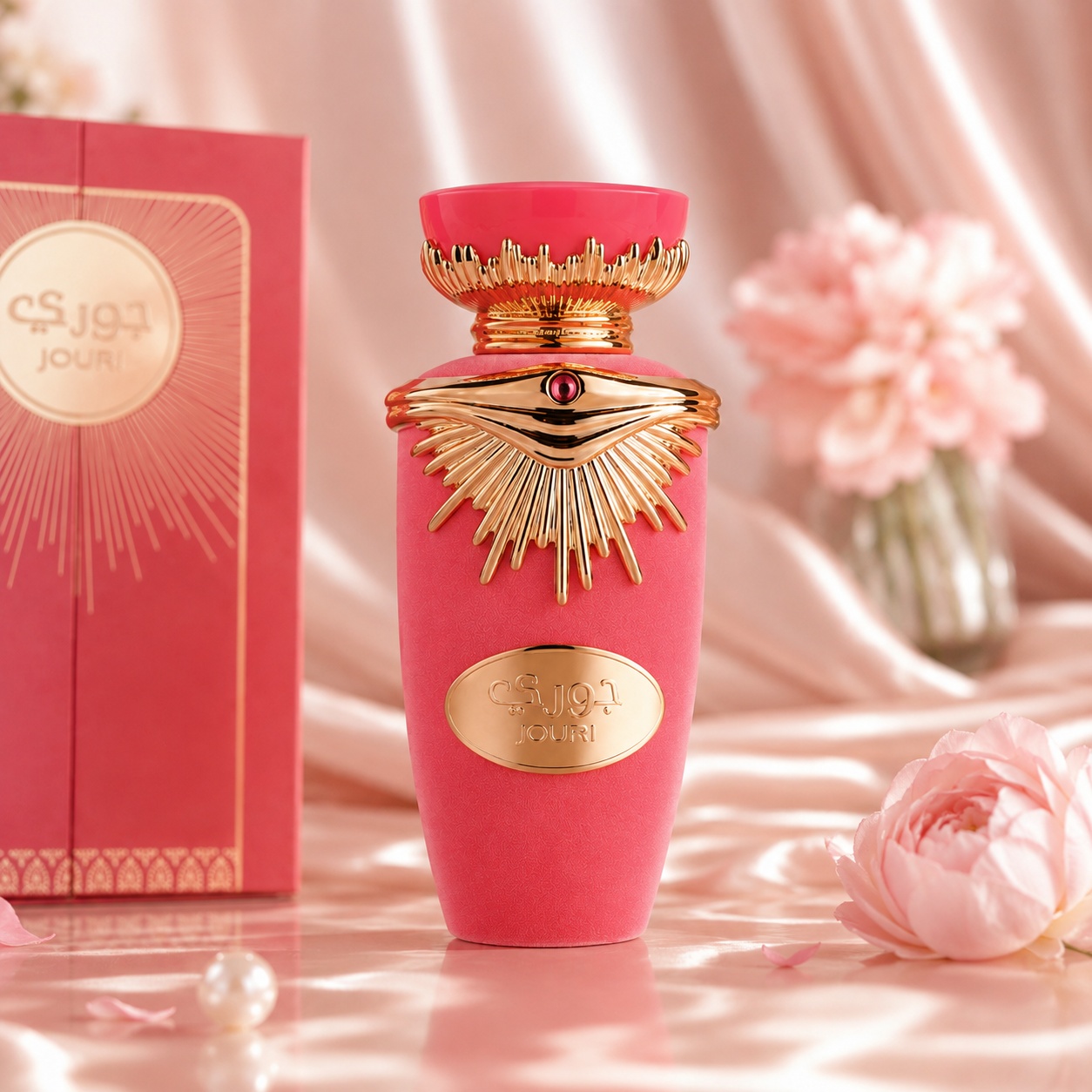 Sticlă Lattafa Jouri, parfum de damă roz cu capac sculptural și ornamente aurii