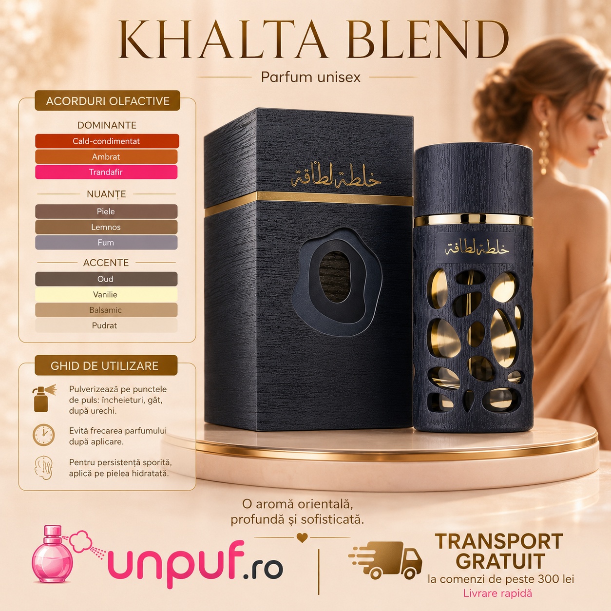 Ghid de utilizare Lattafa Khalta parfum unisex cu acorduri cald condimentate ambrate trandafir piele lemnos fum oud vanilie balsamic și pudrat