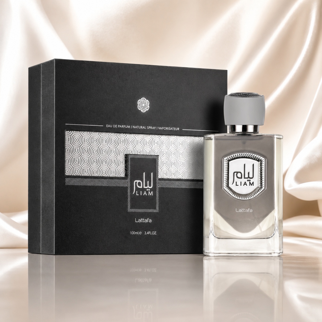 Parfum Arăbesc Lattafa Liam Grey 100 ml pentru bărbat cu flacon gri elegant și cutie neagră premium