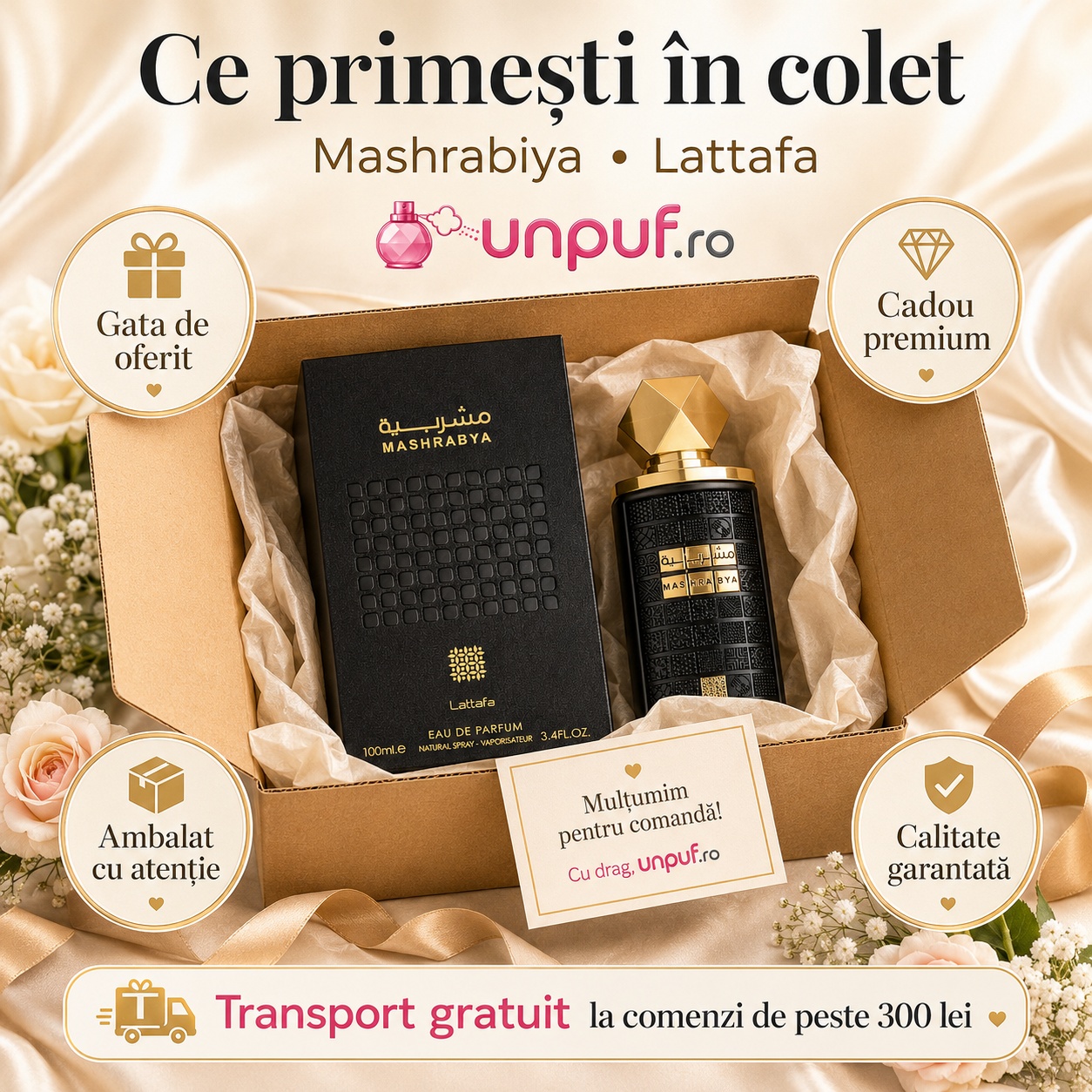 Ce primești &icirc;n colet Lattafa Mashrabya 100 ml parfum arăbesc unisex ambalat cu atenție gata de oferit cadou