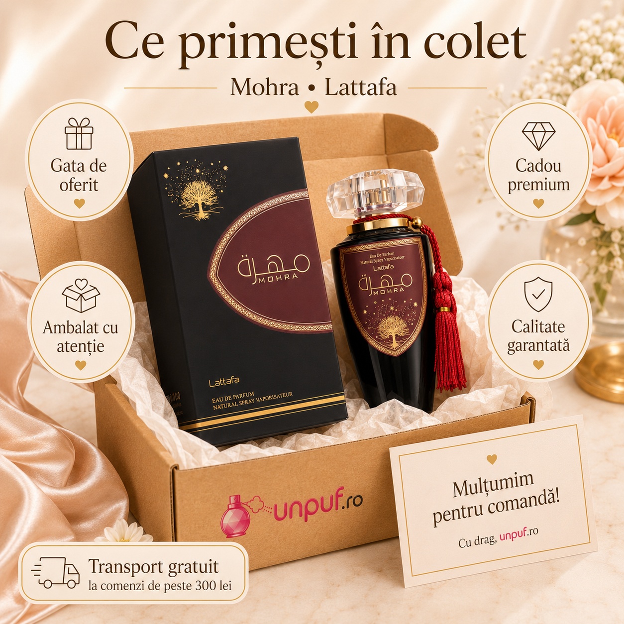 Ce primești &icirc;n colet Lattafa Mohra 100 ml parfum arăbesc unisex ambalat cu atenție gata de oferit cadou
