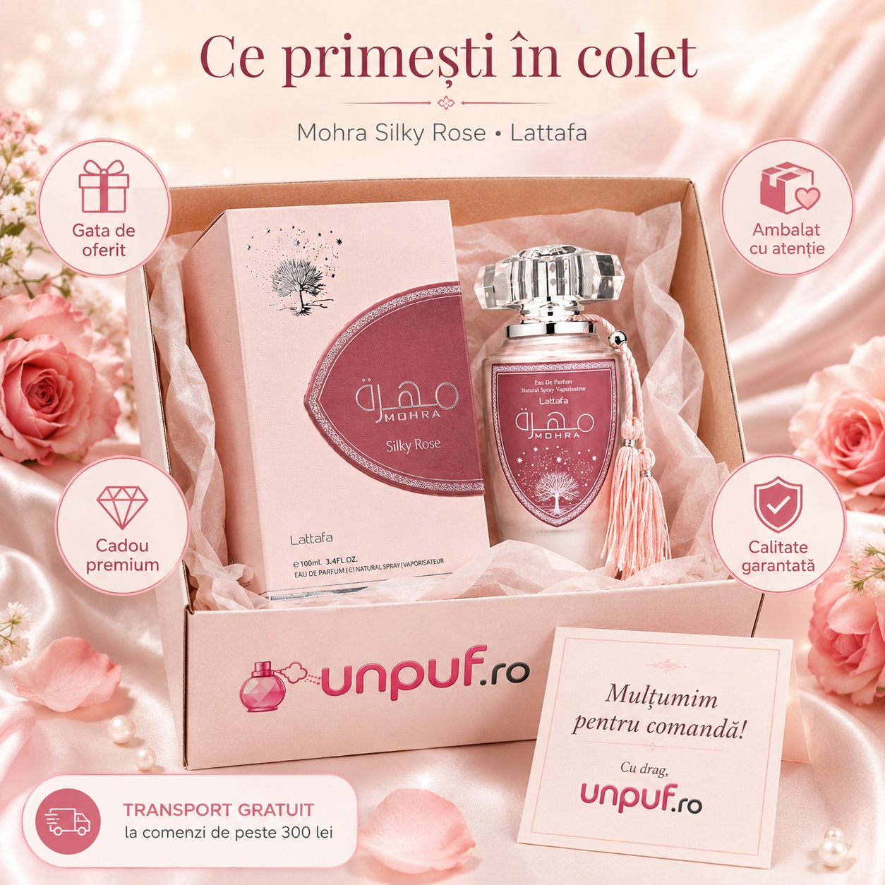 Ce primești &icirc;n colet Lattafa Mohra Silky Rose 100 ml parfum de damă ambalat cu atenție gata de oferit cadou