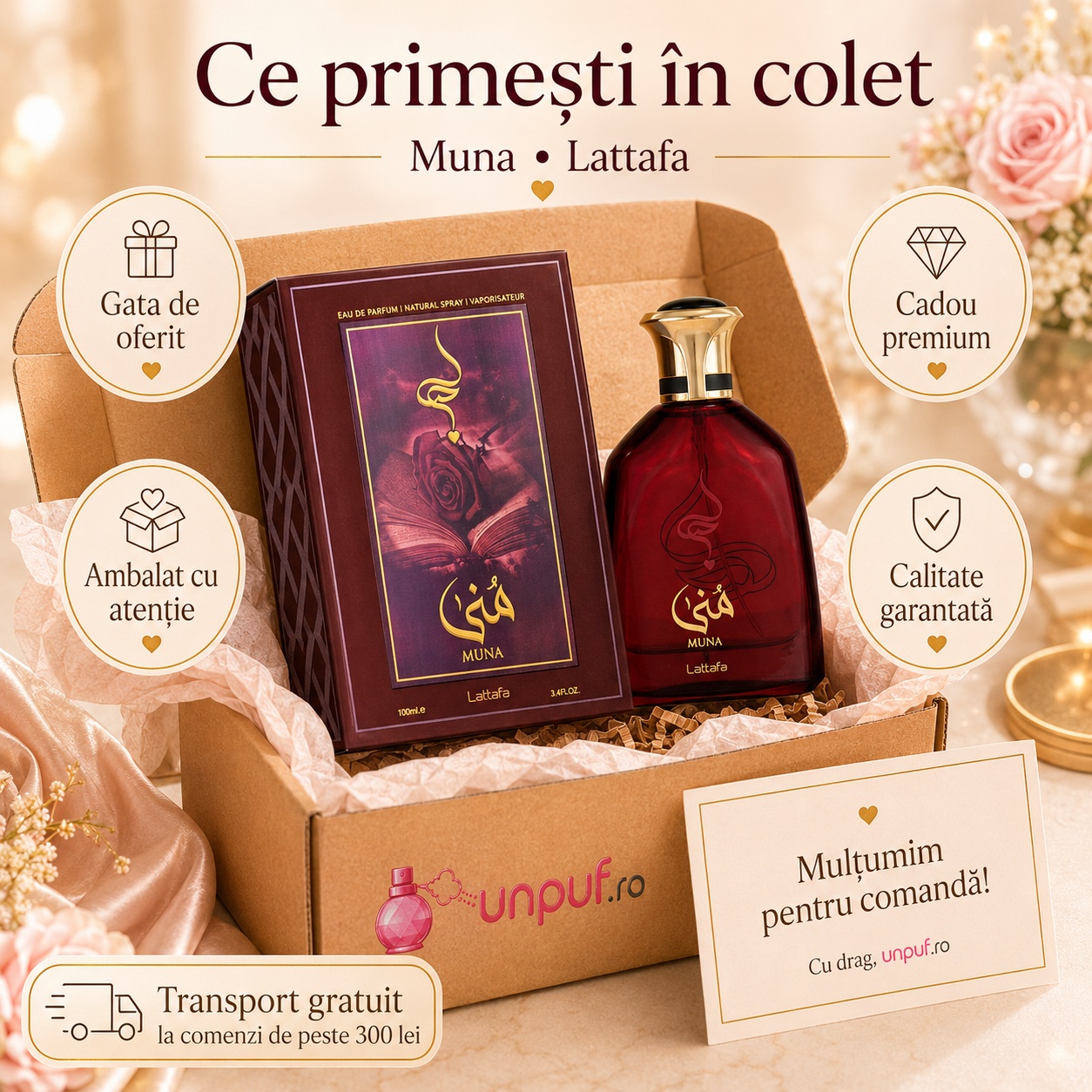 Ce primești &icirc;n colet Lattafa Muna 100 ml parfum arăbesc unisex ambalat cu atenție gata de oferit cadou