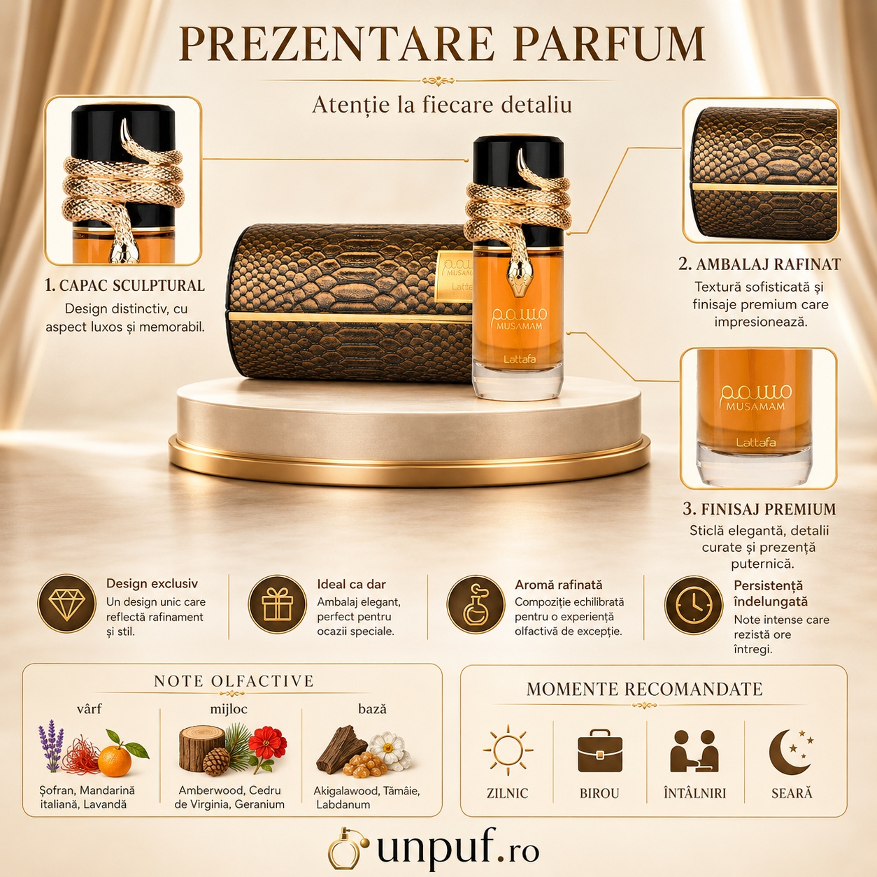 Prezentare parfum Lattafa Musamam design exclusiv capac sculptural ambalaj rafinat și finisaj premium
