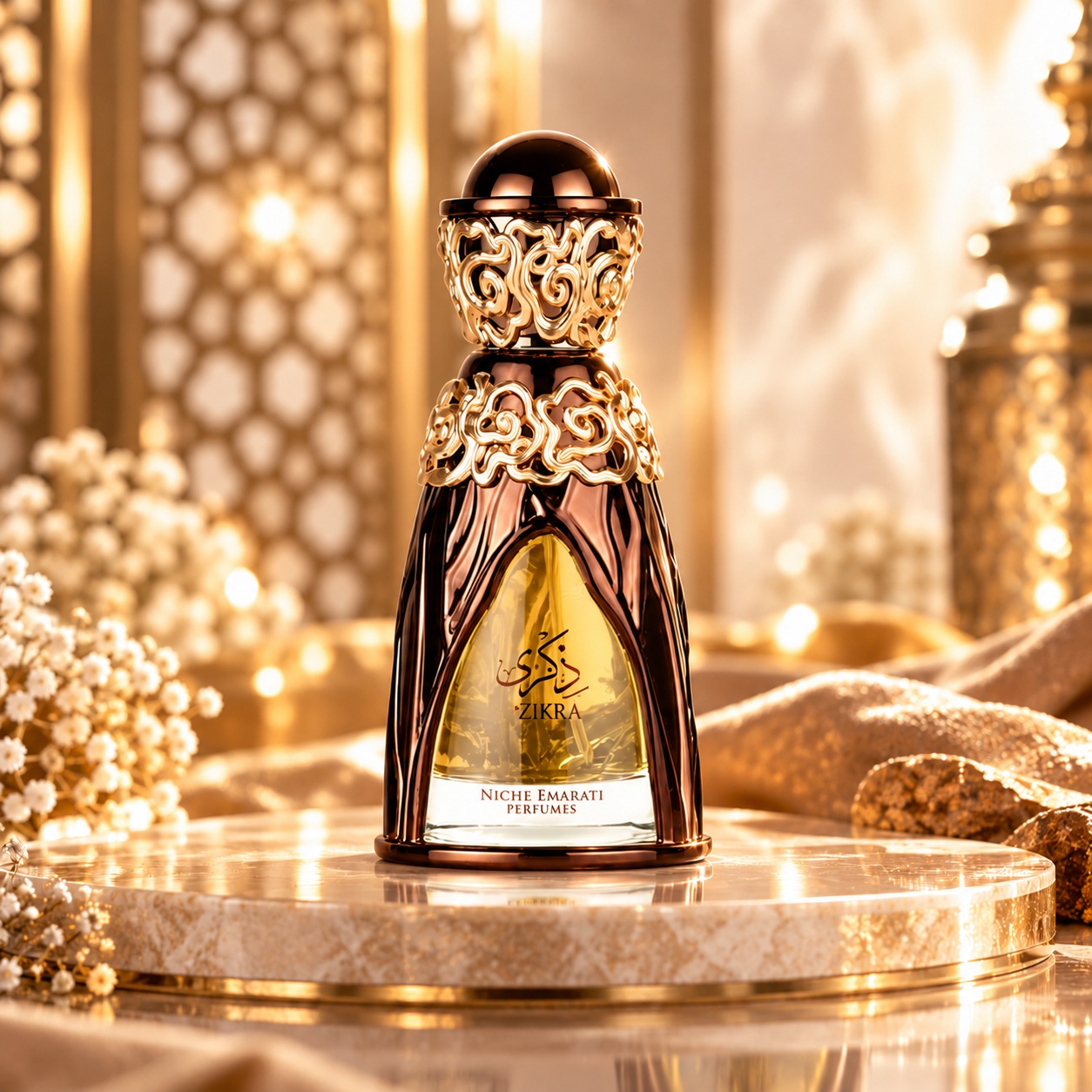 Flacon Lattafa Niche Emarati Zikra 100 ml cu decor oriental auriu și lichid cald ambrat