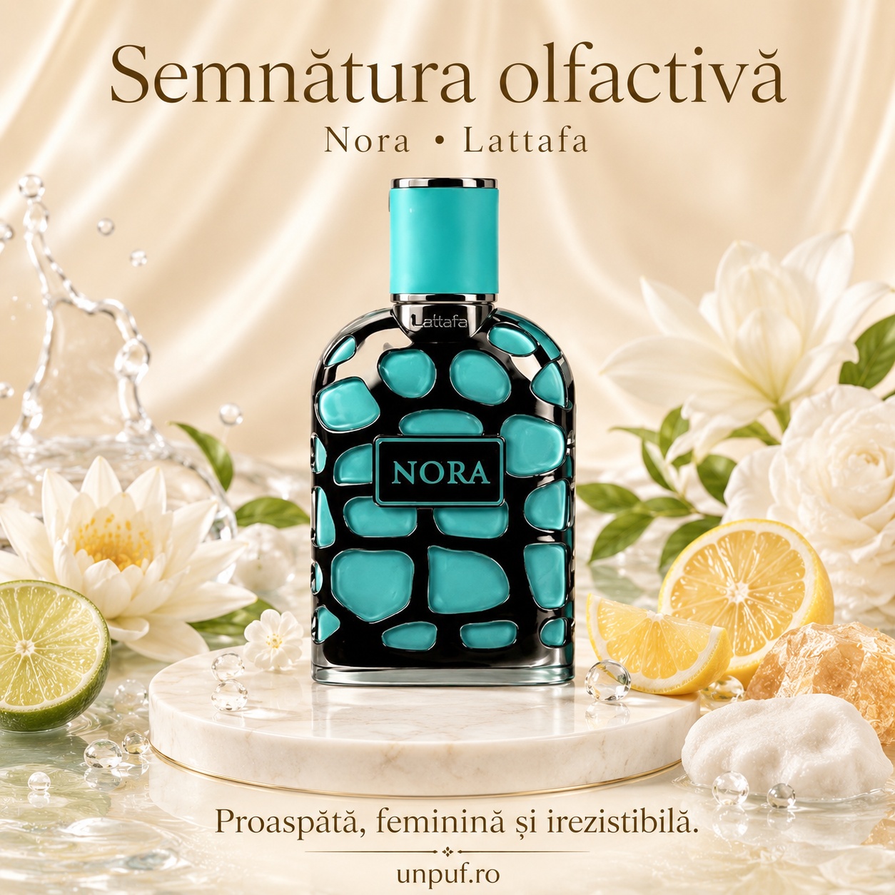 Lattafa Nora semnătură olfactivă proaspătă, feminină și irezistibilă