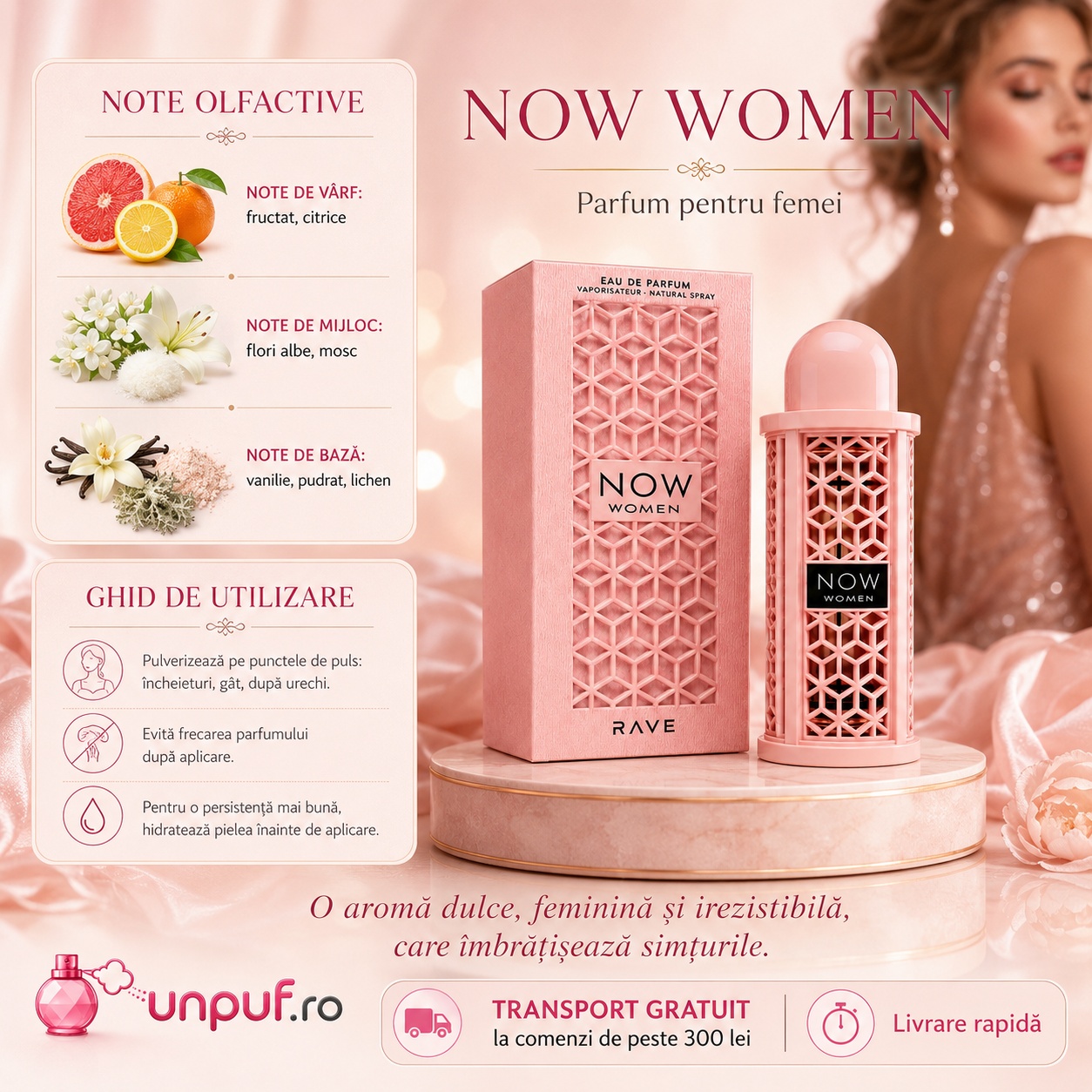 Ghid de utilizare Lattafa Now Women parfum de damă cu note fructate citrice flori albe mosc vanilie pudrat și lichen