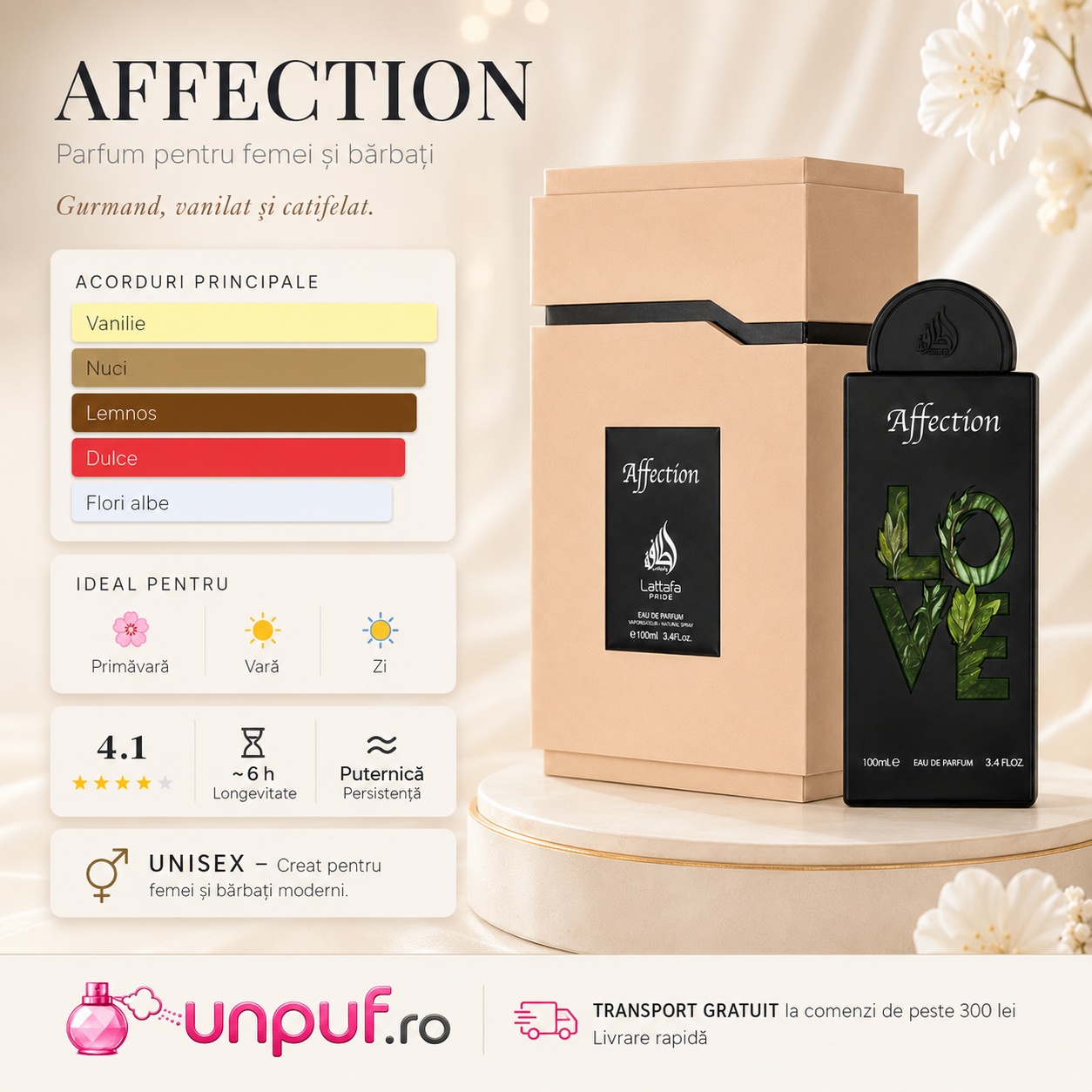 Lattafa Pride Affection parfum unisex gurmand vanilat catifelat potrivit pentru primăvară vară și zi