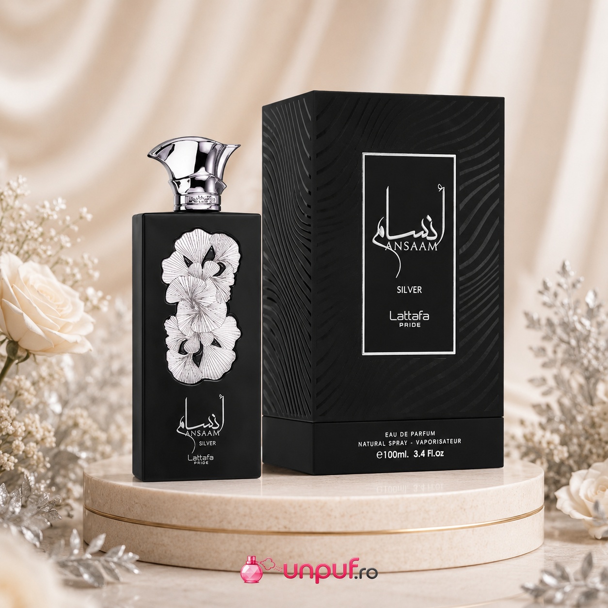 Parfum Arăbesc Lattafa Pride Ansaam Silver 100 ml unisex cu flacon negru mat, ornament argintiu floral și cutie premium neagră