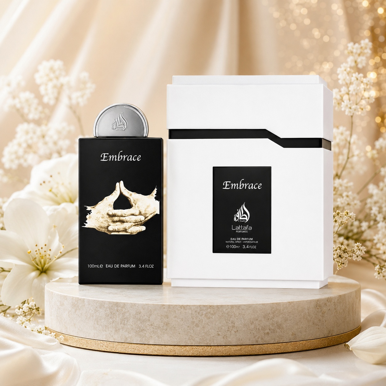 Parfum Arăbesc Lattafa Pride Embrace 100 ml unisex cu flacon negru elegant, capac argintiu și cutie albă premium Lattafa Pride