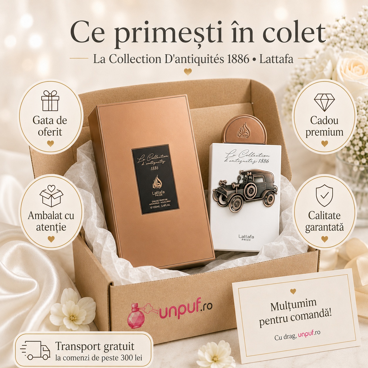 Ce primești &icirc;n colet Lattafa Pride La Collection Car 1886 100 ml parfum arăbesc unisex ambalat cu atenție gata de oferit cadou