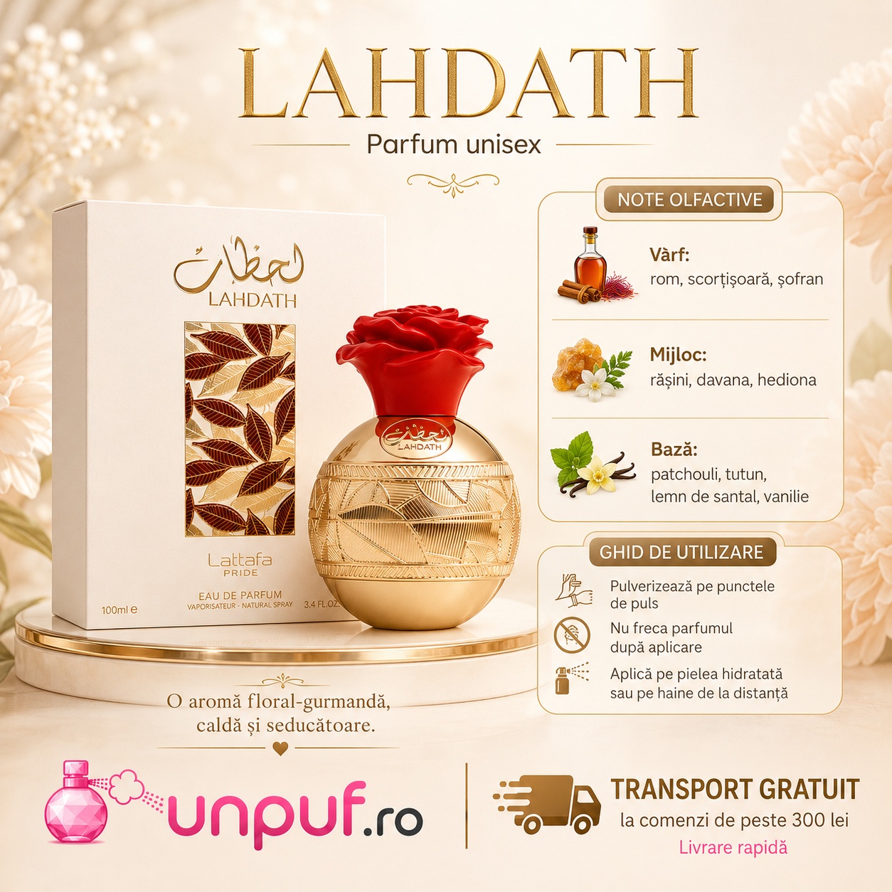 Ghid de utilizare Lattafa Pride Lahdath parfum unisex floral gurmand cald și seducător