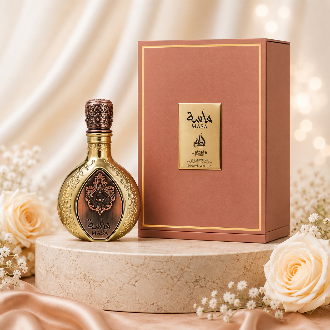 Parfum Arăbesc Lattafa Pride Masa 100 ml unisex cu flacon auriu ornamental și cutie roz bronz premium Lattafa Pride