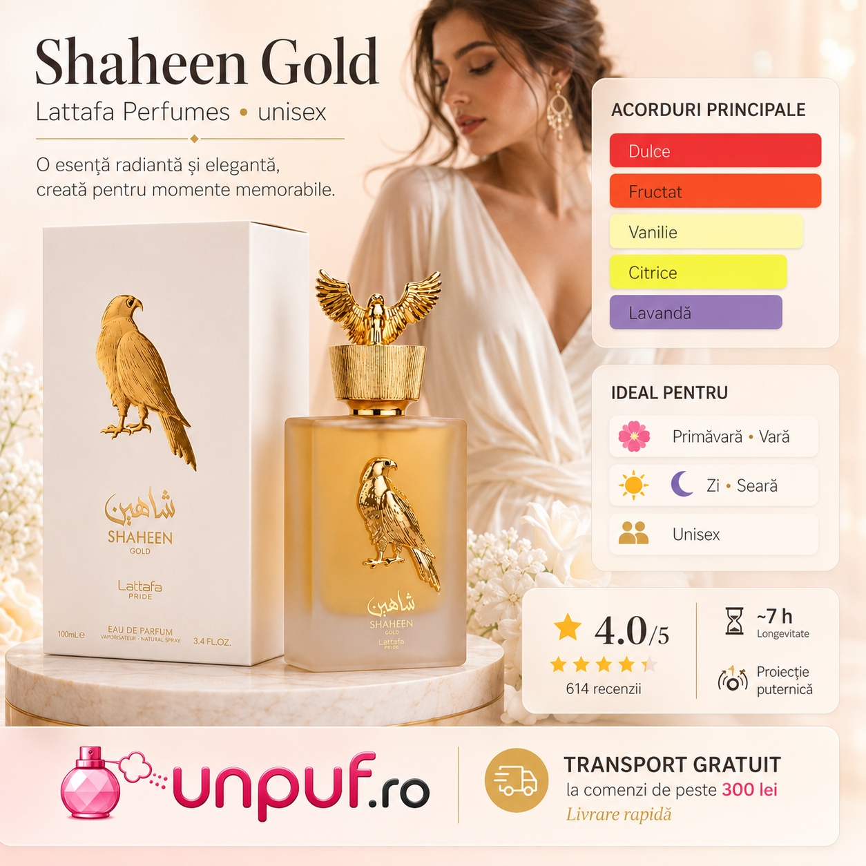 Shaheen Gold Lattafa Pride parfum unisex cu acorduri principale dulce fructat vanilie citrice și lavandă
