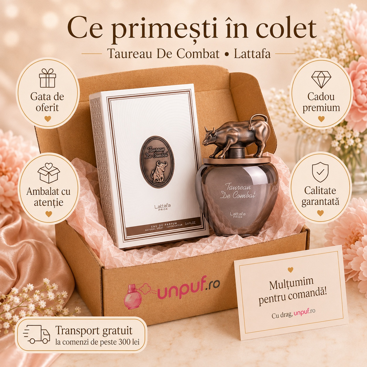 Ce primești &icirc;n colet Lattafa Pride Taurean De Combat 100 ml parfum arăbesc unisex ambalat cu atenție gata de oferit cadou