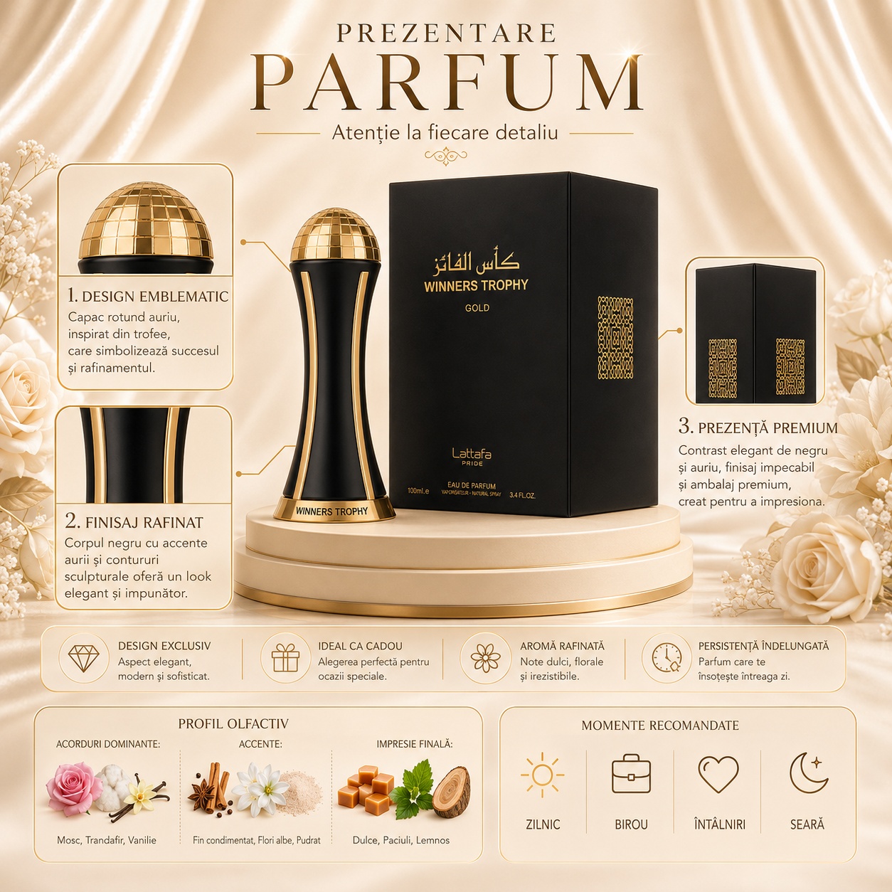 Prezentare parfum Lattafa Pride Winners Trophy Gold cu design emblematic finisaj rafinat prezentare premium și profil olfactiv