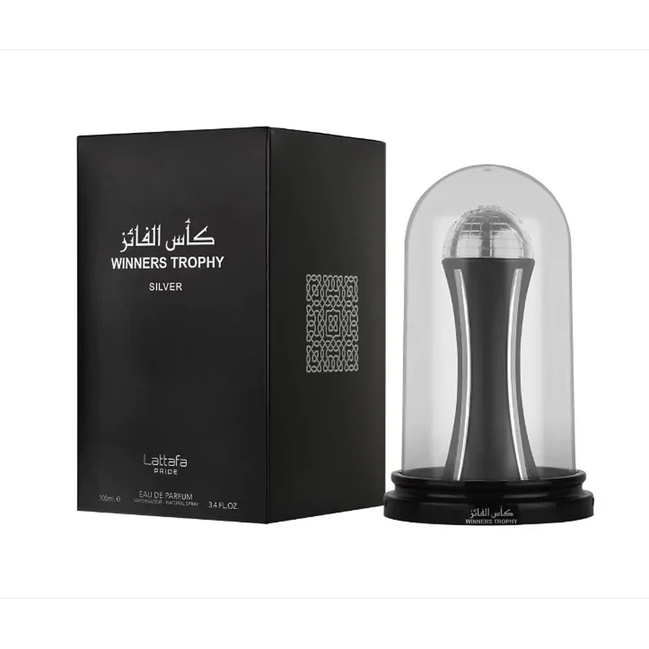 Lattafa Pride Winners Trophy Silver 100 ml sticlă și cutie produs pe fundal alb