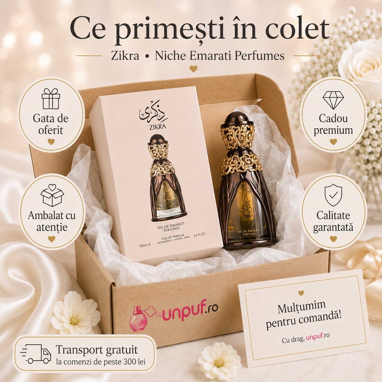 Ce primești &icirc;n colet Lattafa Pride Zikra 100 ml parfum arăbesc unisex ambalat cu atenție și gata de oferit cadou