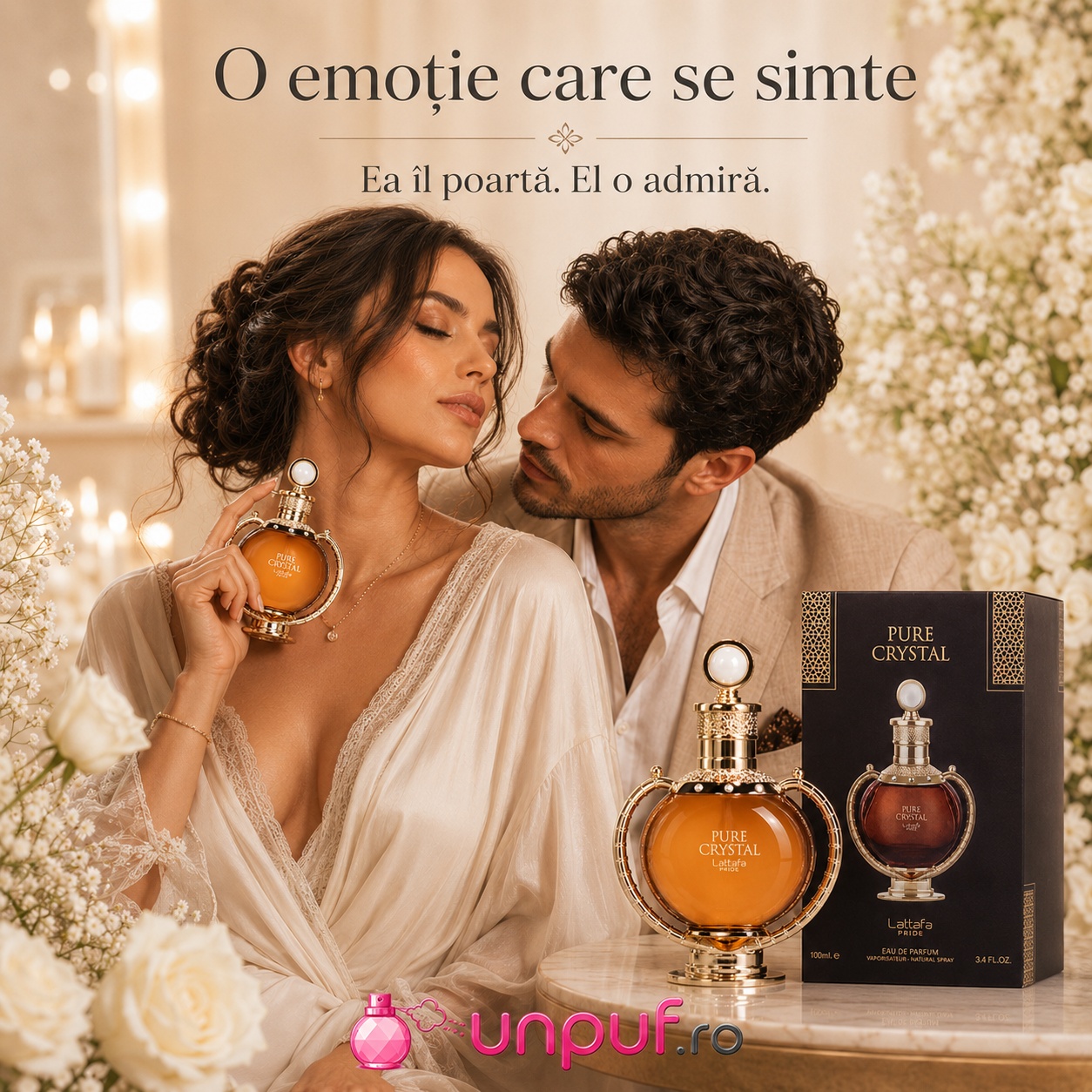 Lattafa Pure Crystal parfum unisex romantic cu aromă caldă și elegantă, ea &icirc;l poartă, el o admiră
