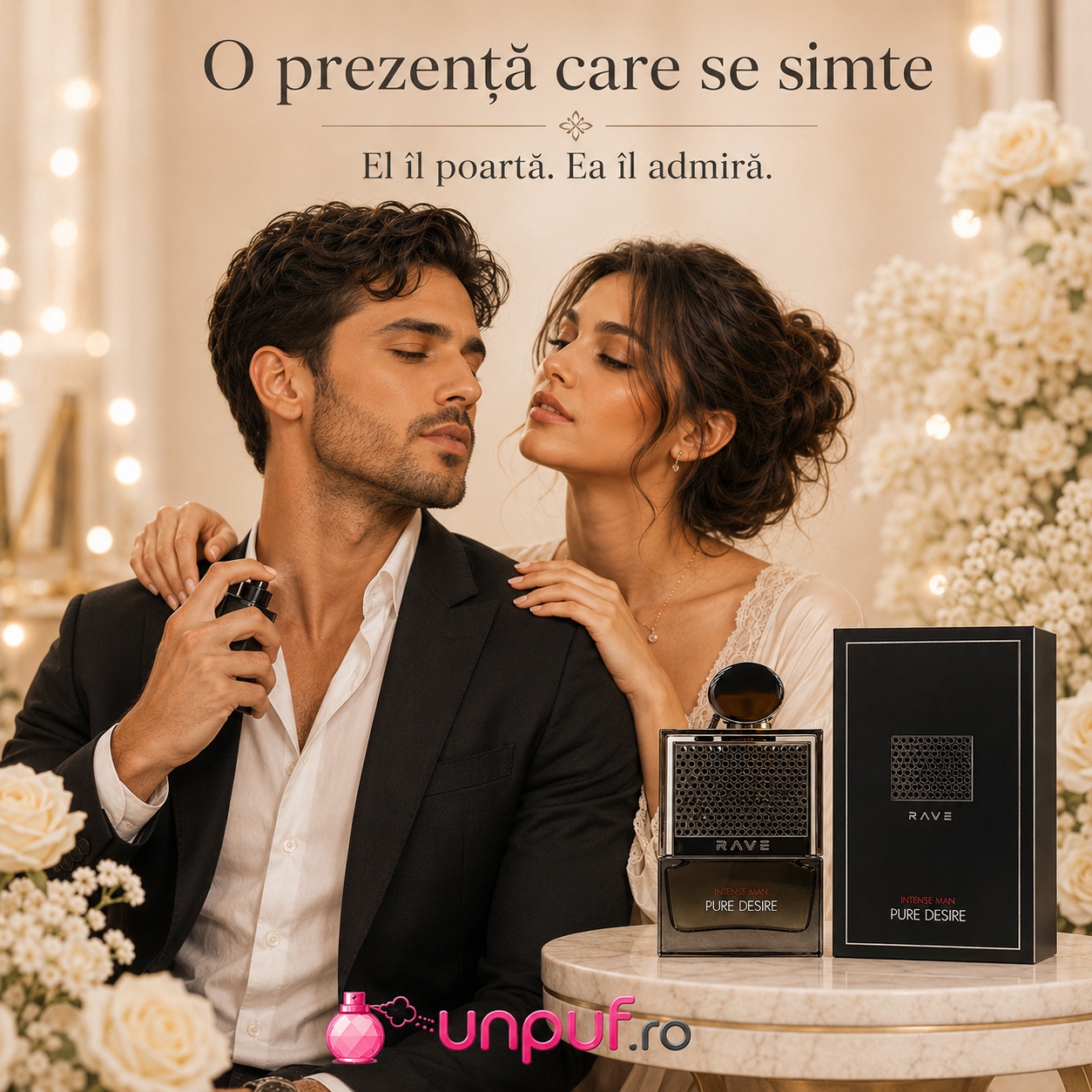 Lattafa Pure Desire Intense Man parfum bărbătesc elegant, o prezență care se simte, el îl poartă, ea îl admiră