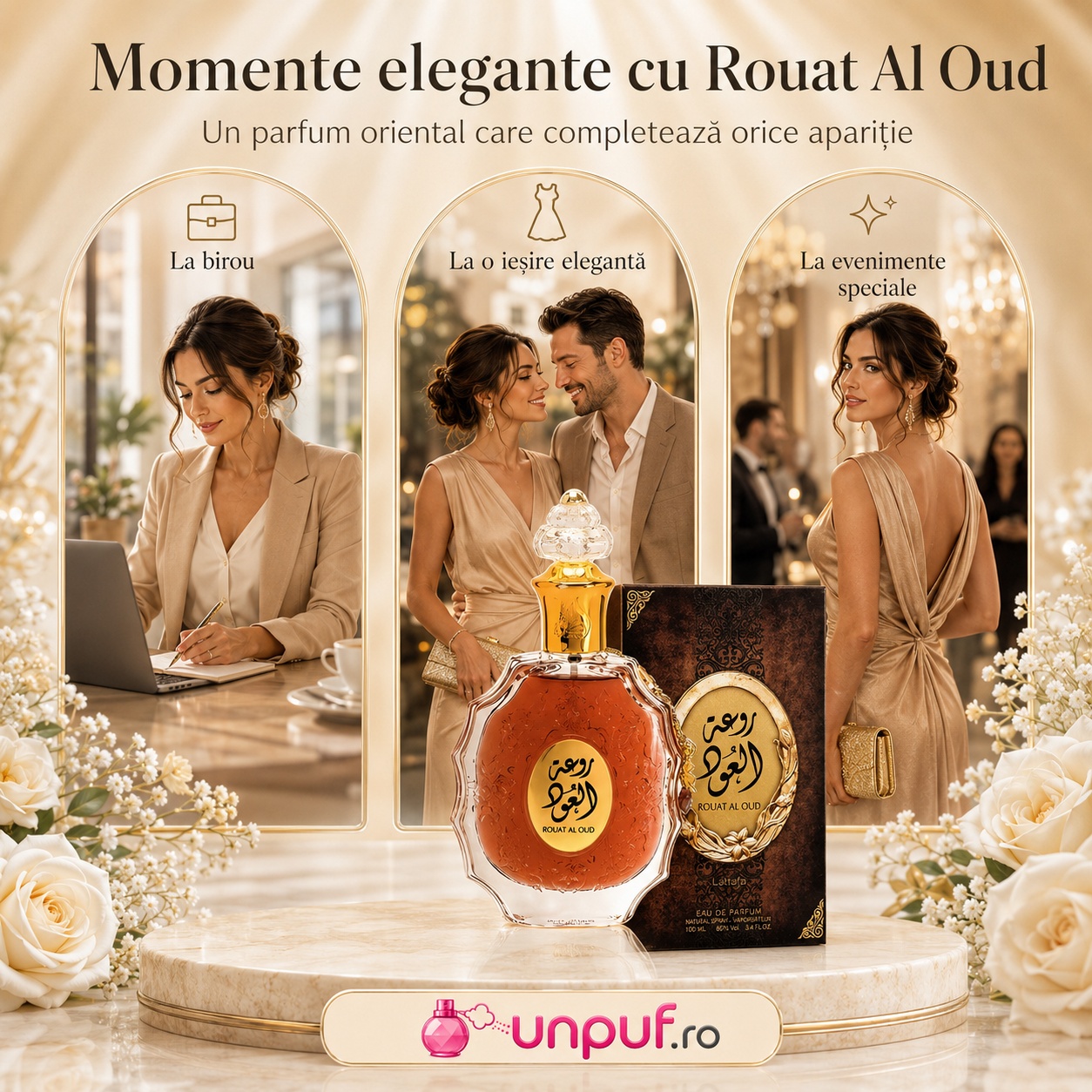 Lattafa Rouat Al Oud parfum oriental potrivit pentru birou, ieșiri elegante și evenimente speciale