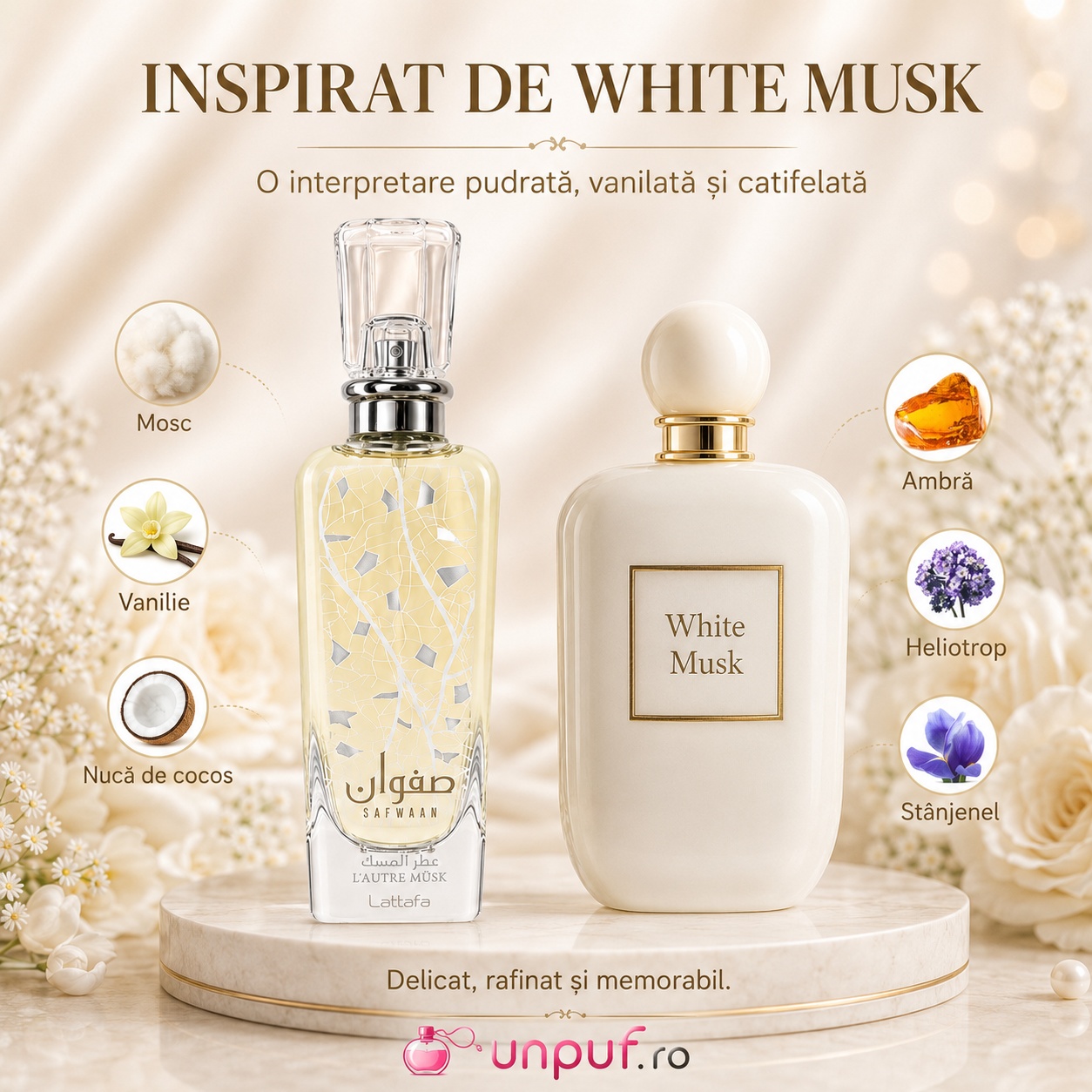 Lattafa Safwaan L&rsquo;Autre Musk inspirat de White Musk, interpretare pudrată, vanilată și catifelată cu mosc, vanilie, nucă de cocos, ambră, heliotrop și st&acirc;njenel